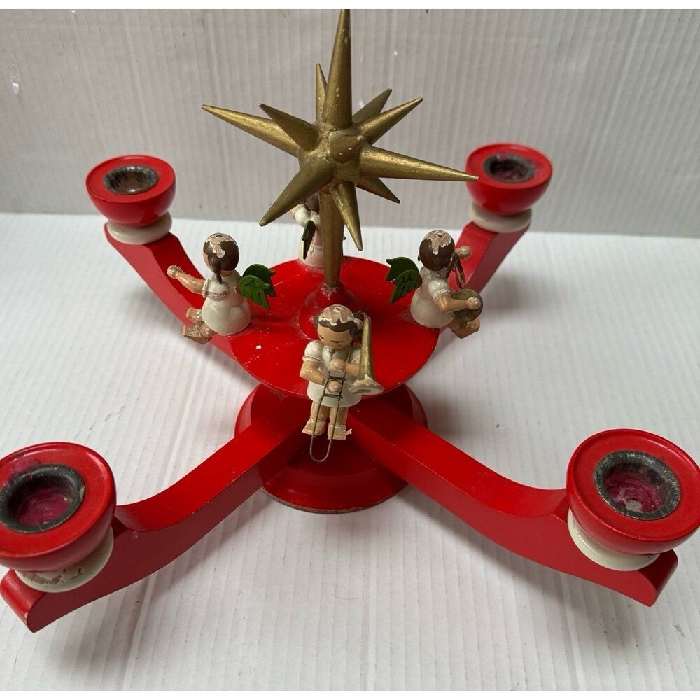 VTG Advent Candle Holder Christmas Candelabra German Wooden Angels Erzgebirge